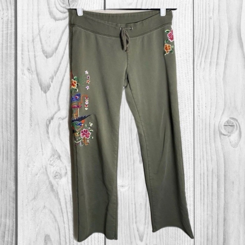 vintage lucky brand S sweatpants embroidered floral Asian design bird boho Y2K